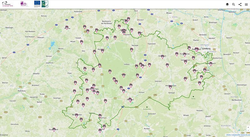 Screenshot der interaktiven Karte des Naturparks Lüneburger Heide mit den neu eingepflegten Rad-Servicestationen.